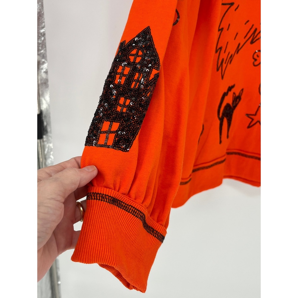 Fantastic Fawn Size M Orange Halloween Relaxed Sweatshirt Sequin Ghost Pumpkin - Picture 2 of 7